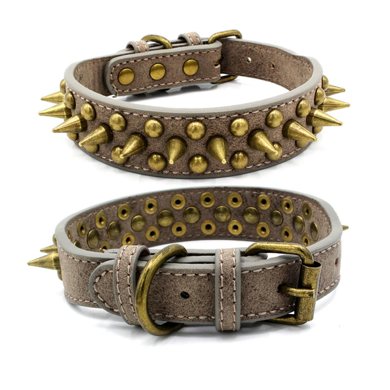 High Quality Adjustable Brass Dog Collar Leather PU Metal Rivets Spike Studded Big Dog Collar