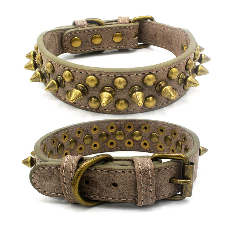 High Quality Adjustable Brass Dog Collar Leather PU Metal Rivets Spike Studded Big Dog Collar
