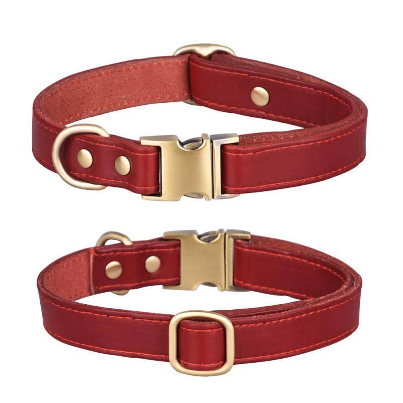 Custom Logo Engraved Buckle Leather Dog Collar Genuine Solid Color PU Genuine Leather Pet Dog Collar for Medium Large Dogs