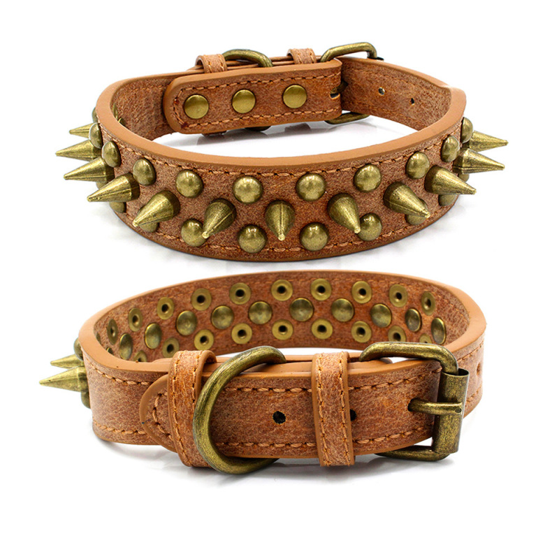 High Quality Adjustable Brass Dog Collar Leather PU Metal Rivets Spike Studded Big Dog Collar