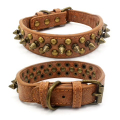 High Quality Adjustable Brass Dog Collar Leather PU Metal Rivets Spike Studded Big Dog Collar