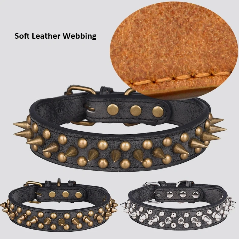 Manufacturer High Quality Adjustable Brass Dog Collar Leather PU Metal Rivets Spike Studded Big Dog Collar