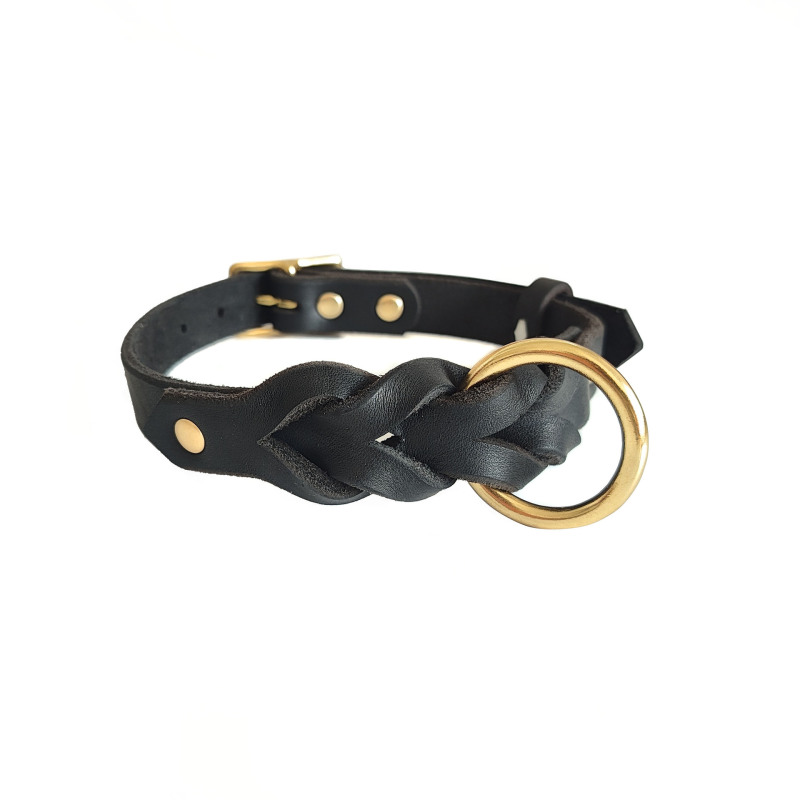 Genuine leather dog collar, top layer cowhide braided brass pet collar