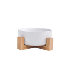 Assorted ceramic bowls for cats and dogs, with wooden stand