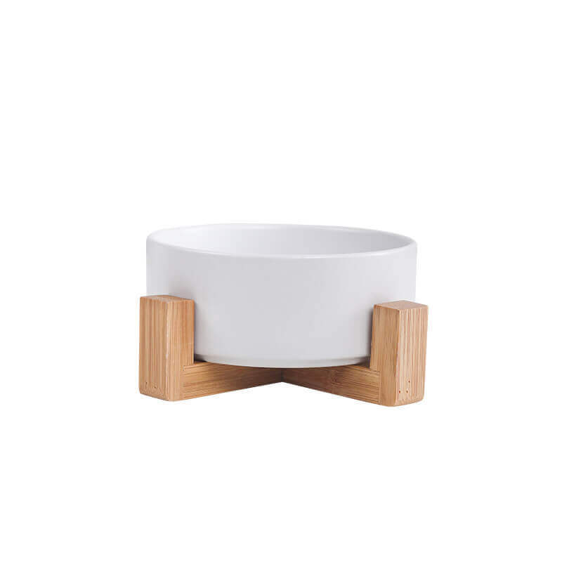 Assorted ceramic bowls for cats and dogs, with wooden stand