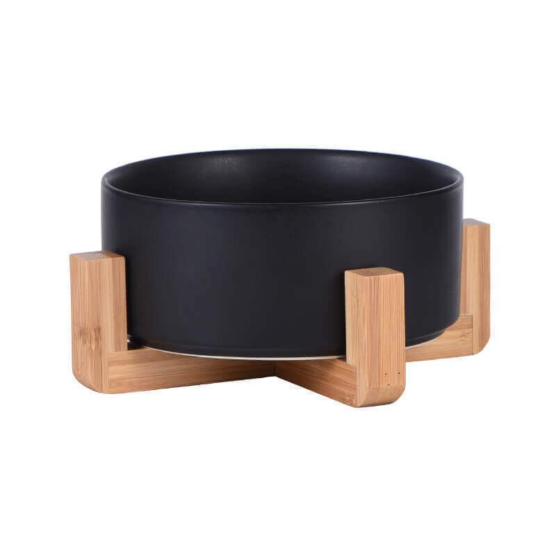 Assorted ceramic bowls for cats and dogs, with wooden stand