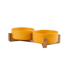 Assorted ceramic double bowls for cats and dogs, with wooden stand