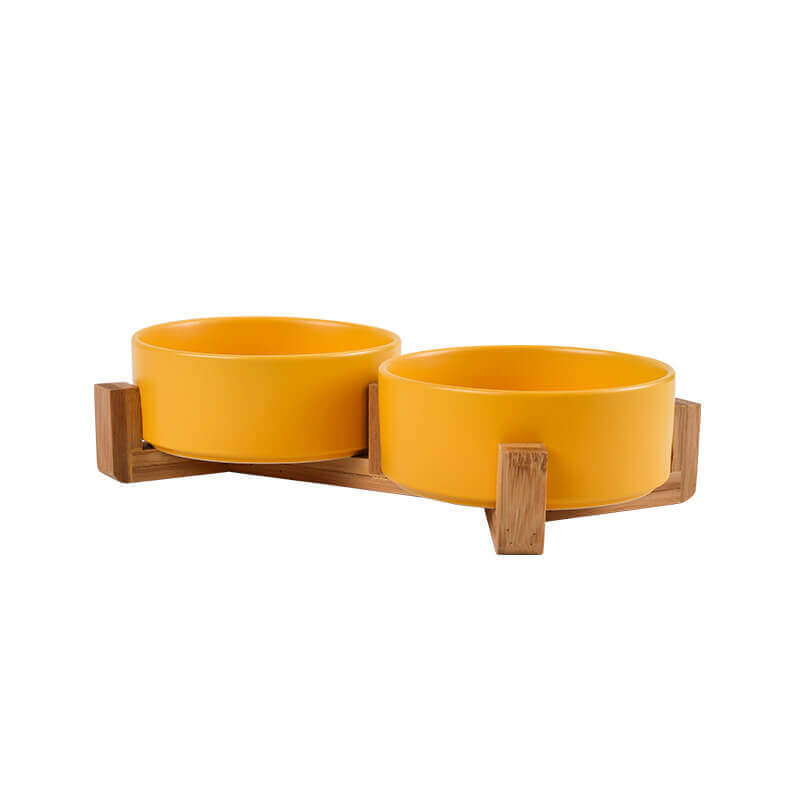 Assorted ceramic double bowls for cats and dogs, with wooden stand