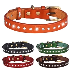 Wholesale Custom Pet Dog Collar Adjustable Medium Small Rhinestone Luxury Genuine Leather Pet Dog Collar