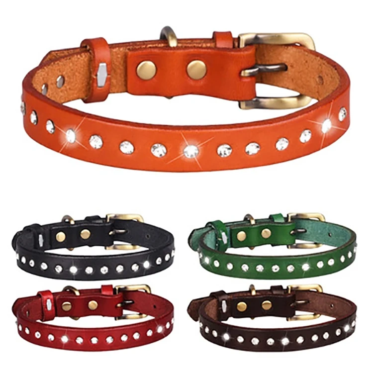 Wholesale Custom Pet Dog Collar Adjustable Medium Small Rhinestone Luxury Genuine Leather Pet Dog Collar