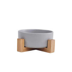 Assorted ceramic bowls for cats and dogs, with wooden stand