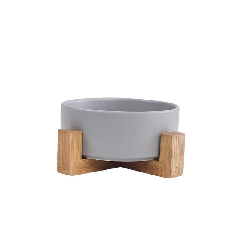 Assorted ceramic bowls for cats and dogs, with wooden stand