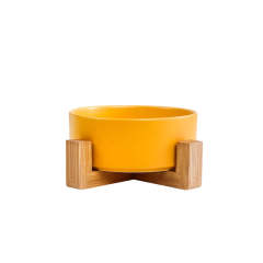 Assorted ceramic bowls for cats and dogs, with wooden stand