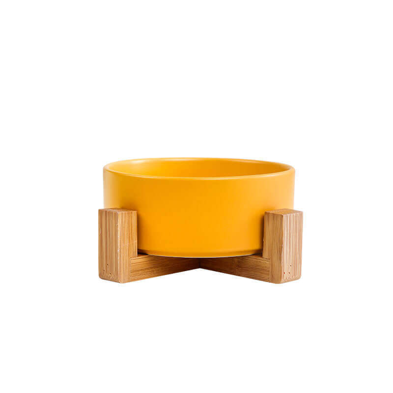 Assorted ceramic bowls for cats and dogs, with wooden stand