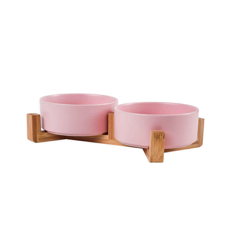 Assorted ceramic double bowls for cats and dogs, with wooden stand