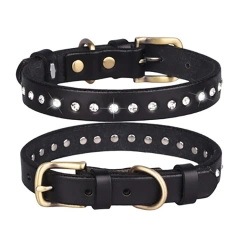 Wholesale Custom Pet Dog Collar Adjustable Medium Small Rhinestone Luxury Genuine Leather Pet Dog Collar