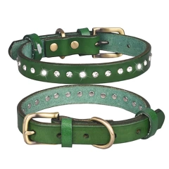 Wholesale Custom Pet Dog Collar Adjustable Medium Small Rhinestone Luxury Genuine Leather Pet Dog Collar