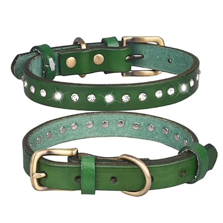 Wholesale Custom Pet Dog Collar Adjustable Medium Small Rhinestone Luxury Genuine Leather Pet Dog Collar