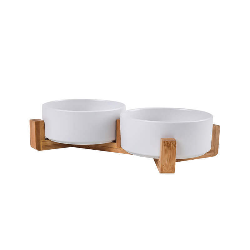 Assorted ceramic double bowls for cats and dogs, with wooden stand