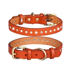 Wholesale Custom Pet Dog Collar Adjustable Medium Small Rhinestone Luxury Genuine Leather Pet Dog Collar