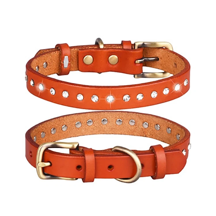 Wholesale Custom Pet Dog Collar Adjustable Medium Small Rhinestone Luxury Genuine Leather Pet Dog Collar