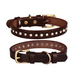 Wholesale Custom Pet Dog Collar Adjustable Medium Small Rhinestone Luxury Genuine Leather Pet Dog Collar