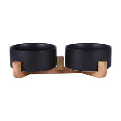 Assorted ceramic double bowls for cats and dogs, with wooden stand