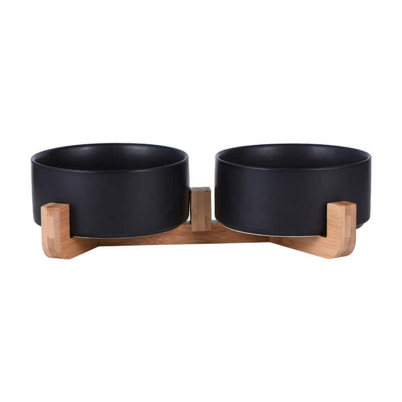 Assorted ceramic double bowls for cats and dogs, with wooden stand