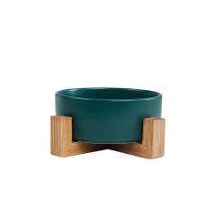 Assorted ceramic bowls for cats and dogs, with wooden stand