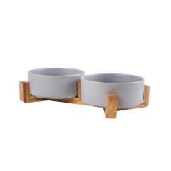 Assorted ceramic double bowls for cats and dogs, with wooden stand