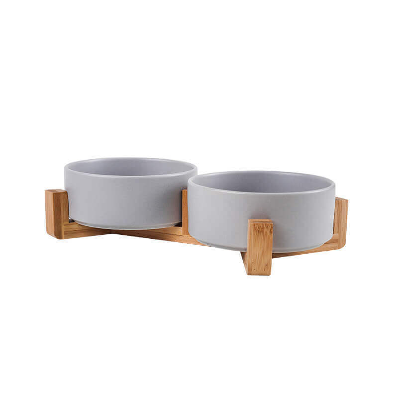Assorted ceramic double bowls for cats and dogs, with wooden stand