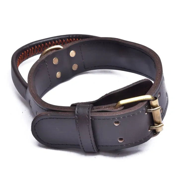 Custom logo heavy duty medium large dog collar with handle leather