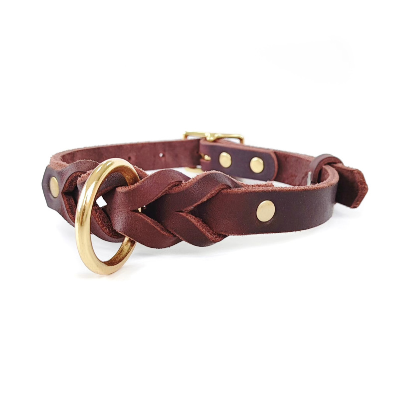 Genuine leather dog collar, top layer cowhide braided brass pet collar