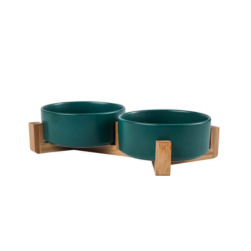 Assorted ceramic double bowls for cats and dogs, with wooden stand