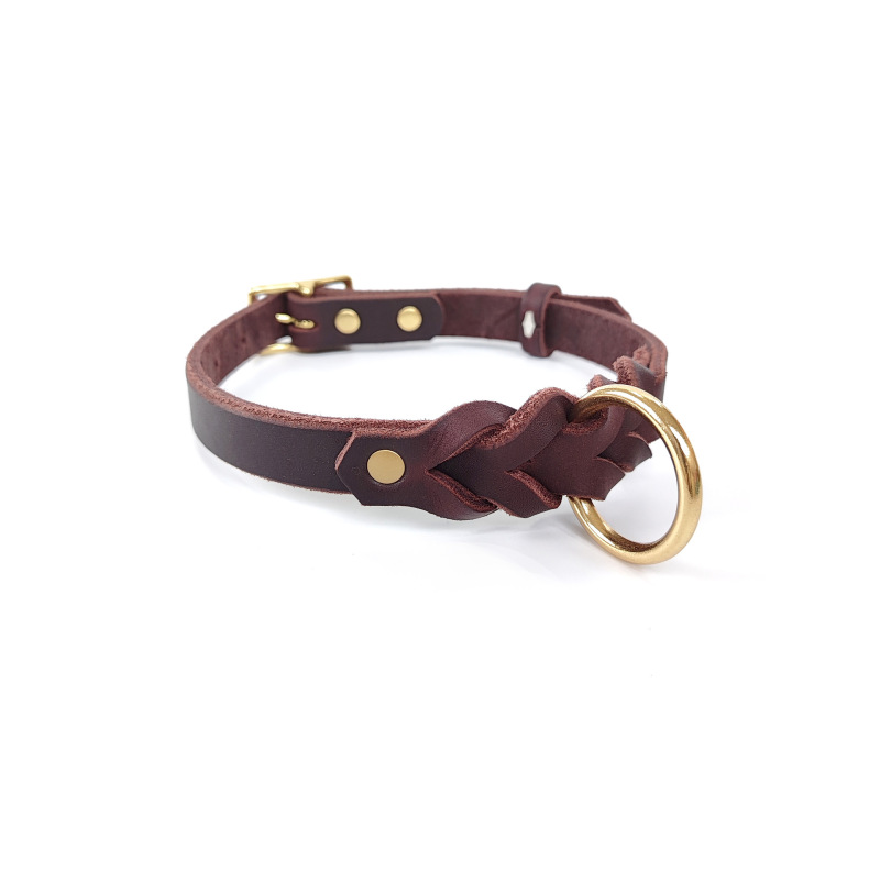 Genuine leather dog collar, top layer cowhide braided brass pet collar