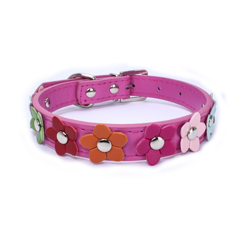 PU leather pet collar, colorful flower decoration dog collar