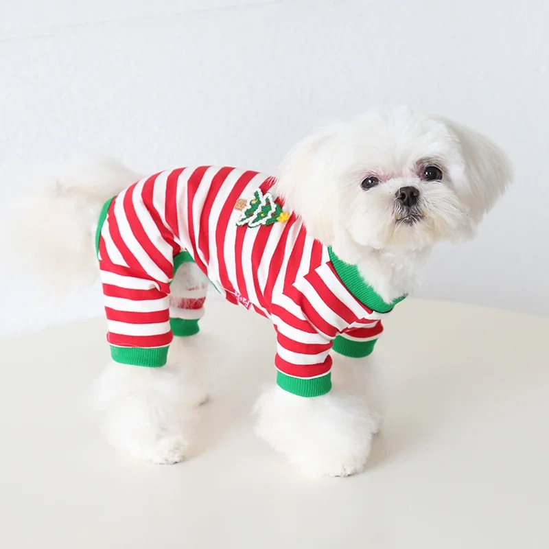 2023 New Christmas Striped Pajamas Soft Cotton  Elasticity  Puppy Jumpsuits Home Pet Clothes Small Dog Pajamas For Autumn Winter