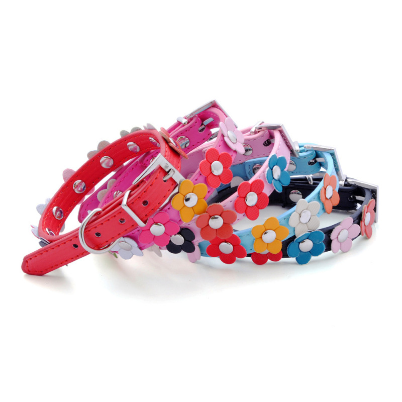PU leather pet collar, colorful flower decoration dog collar