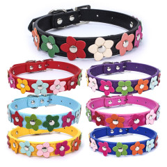 PU leather pet collar, colorful flower decoration dog collar
