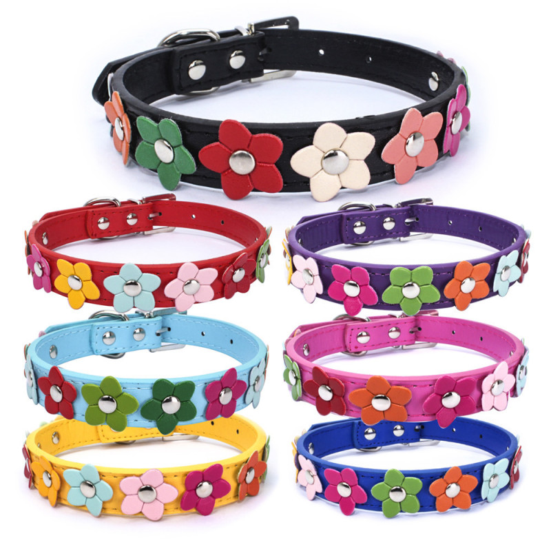 PU leather pet collar, colorful flower decoration dog collar
