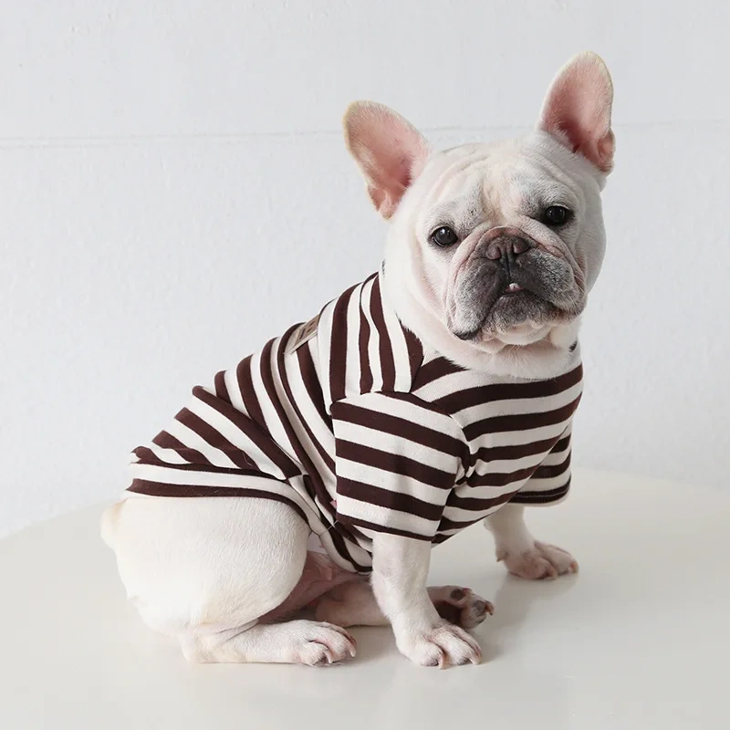 Spring and Summer Classic Stripe Cotton French Bulldogs T-shirt Fashion Versatile Pet Dog Clothes Fat Dog Clothing  Wholesale