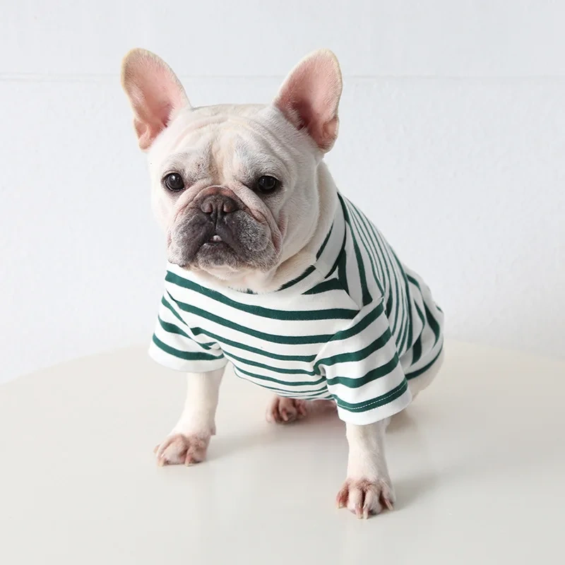 Spring and Summer Classic Stripe Cotton French Bulldogs T-shirt Fashion Versatile Pet Dog Clothes Fat Dog Clothing  Wholesale