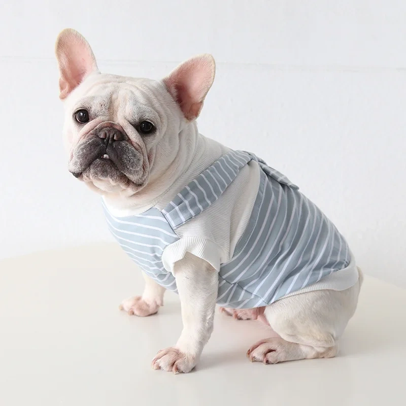 Wholesale New Design French Bulldog Clothes Summer Pet Clothing College Style Tie Stripe Tank Top Bulldogs T-shirt Vest
