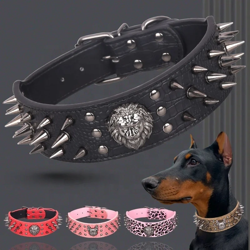 Beirui High Quality Long Rivet Spikes Custom Heavy Duty Bull Dog Lion Decoration Anti-Bite Leather Pet Dog Collar