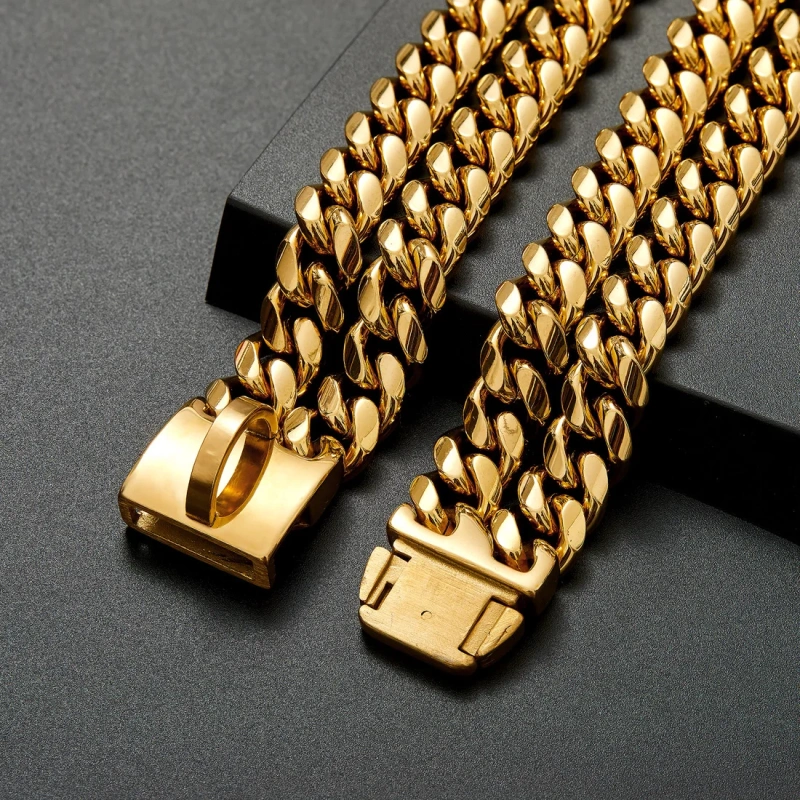 12mm double row gold encryption chain ID brand metal dog chain collar traction chain simple buckle