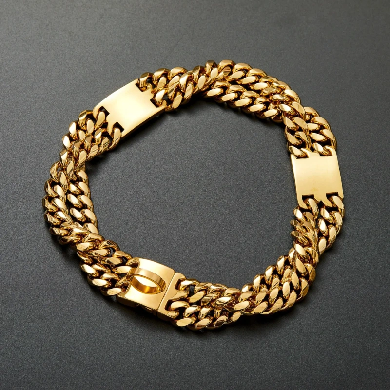 12mm double row gold encryption chain ID brand metal dog chain collar traction chain simple buckle