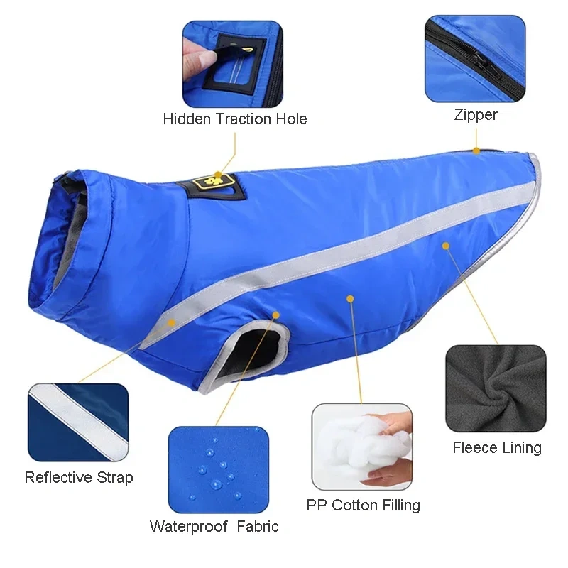 Waterproof Dog Clothes for Large Dog Jackets Winter Warm Padded Fleece Pet Coat Safety Reflective Designer Dog Clothing