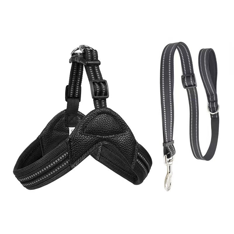 Pet Reflective Chest Strap for Dogs Breathable Pet PU Collar and Leash Custom Dog Harness Set