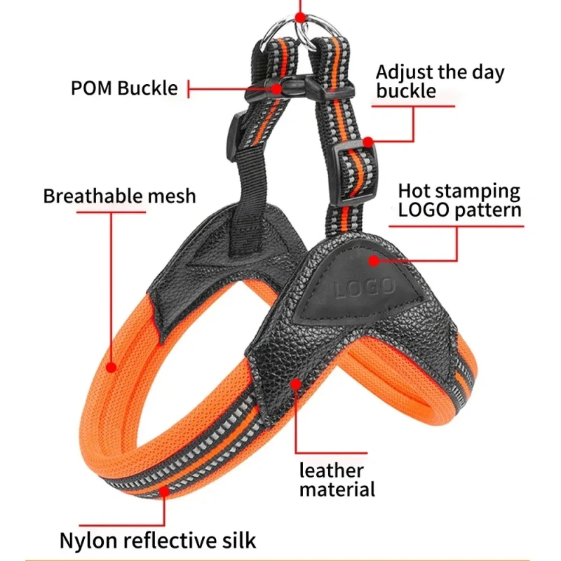 Manufacturer Wholesale Pet Reflective Chest Strap for Dogs Breathable Pet PU Collar and Leash Custom Dog Harness Set