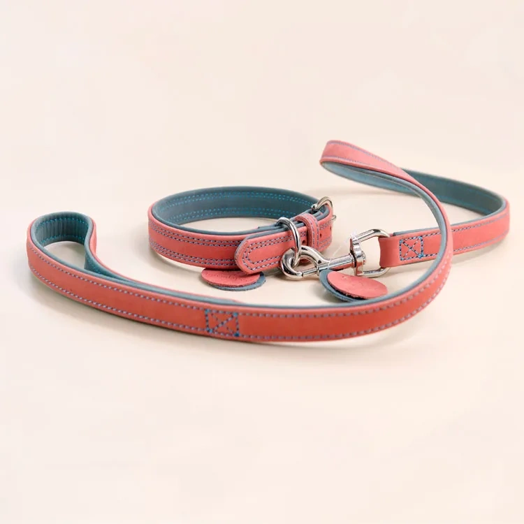 Factory Wholesale  Genuine leather dog show Pet Leads Luxury High Quality  Real Genuine Leather For Dog Leash and collar set